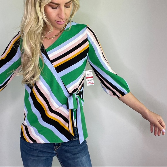 Bar III Green, Black, Blue, Yellow Striped Wrap Style Top New with Tags - Picture 2 of 12